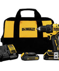 Compact 20V Cordless Drill And Driver Kit With Brushless Motor Half Inch Chuck Ultra Lightweight At Two Point Four Pounds Handy For Tight Spaces With A Variable Speed Trigger For Precise Control On Delicate Surfaces, shown with batteries, charger, and bag.