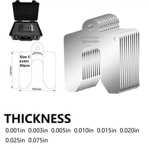 Pro Grade 80-Piece 4 By 4 Inch Shim Stock Kit With Durable Storage Case, 304 Stainless Steel Slotted Shims, thicknesses 0.001 to 0.075 inches