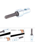 4 Pit Drill Bit Adapter For Electric Hammer To Earth Auger Connector, heavy-duty metal, displayed with electric hammer
