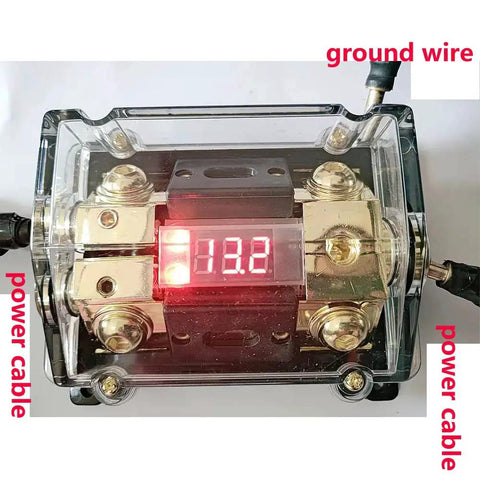 Inline ANL Fuse Holder With Digital LED Voltage Display Includes Two Fuses And 1 Way In 2 Way Out Distribution Block. Close-up view.