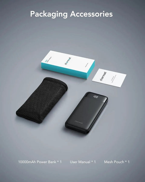 Heavy Duty 10000mAh Power Bank Featuring Reinforced Built In Four Cables For Multi Device Fast Charging And All Day Road Trip Juice To Keep Every Screen Alive with mesh pouch and user manual.