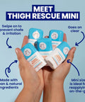 Hands holding travel-size anti chafe sticks for thighs and bra lines, labeled for on-the-go use, hot weather essential, 0.81 oz.
