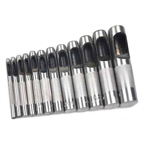 12 Piece Leather Hole Punch Set With Free Cutting Mat, Hollow Punch Kit For Soft Materials, 12 punch sizes lined up.