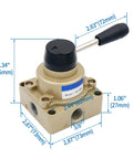 Beefed-Up Rotary Lever Hand Valve HV-03 PT3/8 3 Position 4 Way Pneumatic Air Flow Control with dimensions in industrial use view