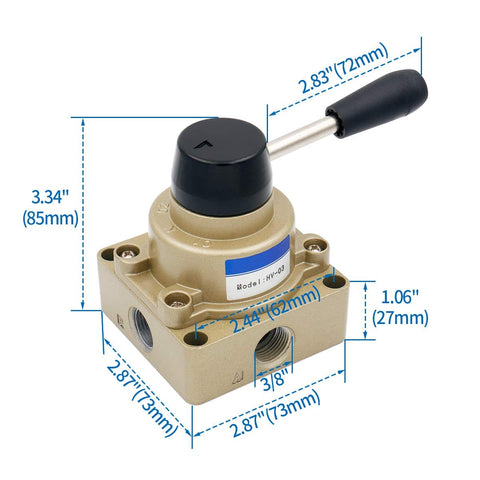 Beefed-Up Rotary Lever Hand Valve HV-03 PT3/8 3 Position 4 Way Pneumatic Air Flow Control with dimensions in industrial use view