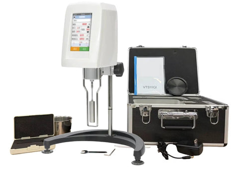 Digital Rotary Viscometer With Five Inch Touch Screen And Four Stainless Blades Offering Legit Accurate Readings For One To One Hundred Thousand MPaS setup with case and accessories.
