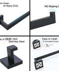 16 Inch 4 Piece Bathroom Hardware Set Dope Black And Brushed Gold Stainless Steel Wall Mounted Towel Bar Towel Ring Toilet Paper Holder And Robe Hook For Modern Bathrooms showing towel bar with heavy-duty design and easy installation features.