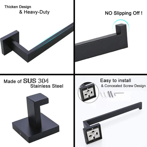 16 Inch 4 Piece Bathroom Hardware Set Dope Black And Brushed Gold Stainless Steel Wall Mounted Towel Bar Towel Ring Toilet Paper Holder And Robe Hook For Modern Bathrooms showing towel bar with heavy-duty design and easy installation features.