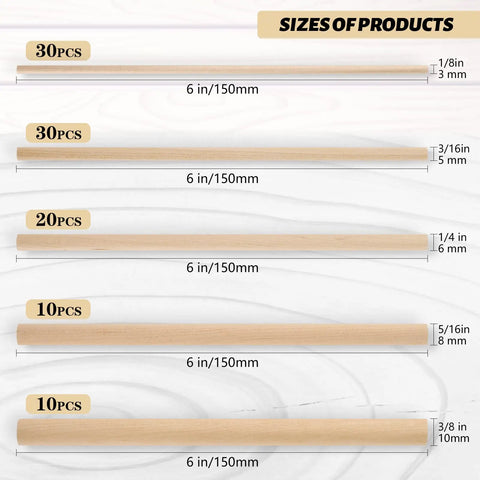 The Real Deal Unfinished Maple Dowel Rods 100 Piece Value Bundle showing size options in 6 inch lengths and varying diameters.