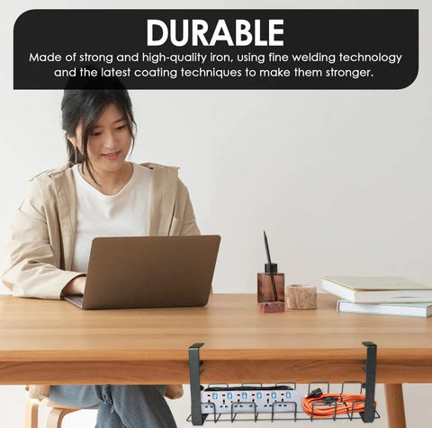 Person working at desk with No Drill Under Desk Cable Management Tray Set, 2 Pack Clamp On Metal Wire Cable Organizer seen below