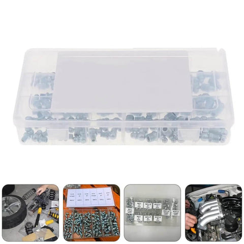Cool 260 Piece Hydraulic Grease Fitting Replacement Kit With Galvanized Iron For M6 M8 M10 Straight And Angled Nipples, plastic case