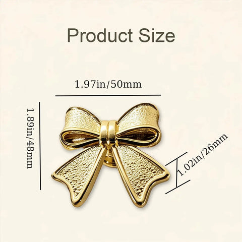 Six Piece Zinc Alloy Bow Drawer Knobs With Vintage Plating And Smooth Curved Handles For Dressers And Vanity Furniture Upgrades That Bring Main Character Energy To Your Space, 1.97in gold bow knob with measurements.