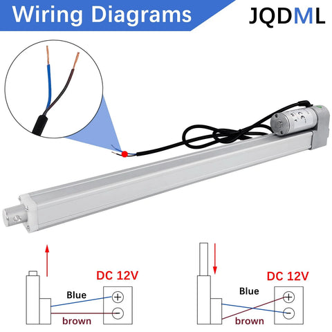 JQDML 16in 12V linear actuator with mounting bracket, side view, blue and brown wires.