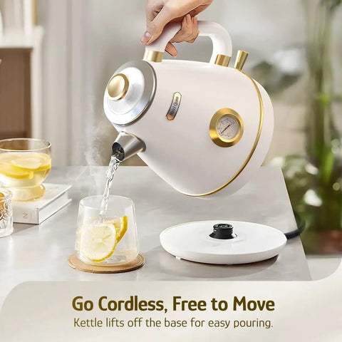 Retro Electric Kettle With Thermometer 1.7 Liter All Stainless Steel 1200 Watt Fast Boil Cordless BPA Free Auto Shut Off With Precise Temperature Reading Pearl White pouring water into glass