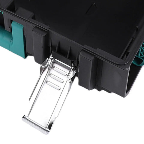 Close-up of the secure latch on the No Sweat Stackable Toolbox With Secure Latch And Custom Gear Sorting Tray Setup.