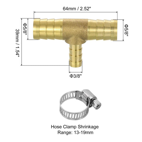 Durable Brass Tee Barb Fittings Three Way Reducer Kit with 5/8in by 3/8in by 5/8in barbed hose connectors and adjustable clamp
