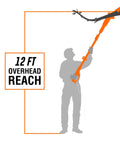 6 Amp 8 Inch Electric Telescoping Pole Saw Corded For Up To 12 Foot Overhead Reach, silhouette using saw on high branch