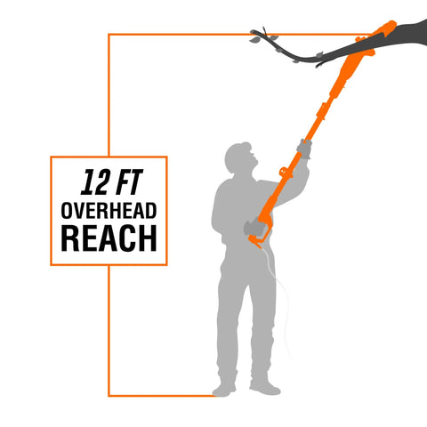 6 Amp 8 Inch Electric Telescoping Pole Saw Corded For Up To 12 Foot Overhead Reach, silhouette using saw on high branch