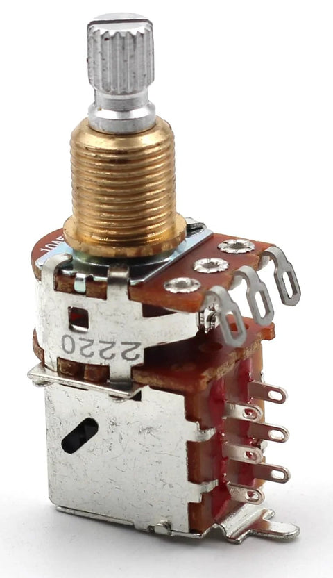 Front view of a 500k guitar push-pull potentiometer with brass threaded shaft and solder lugs.