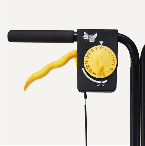 Close-up of control handle on Fertilizer Spreader For Lawn With Even Coverage All Season Workhorse, Multi Gear Control.