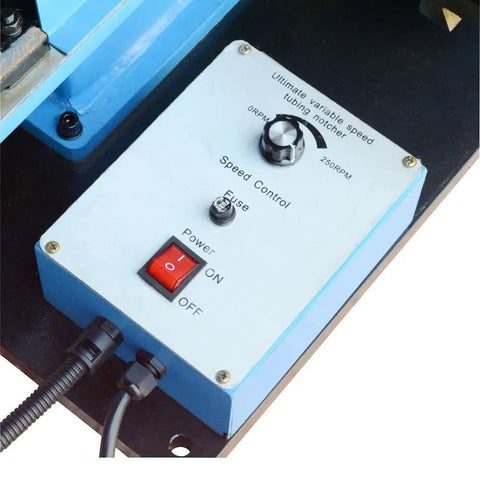 Control panel of 1 HP Electric Tube Notcher with speed control knob and power switch for variable speed operation.