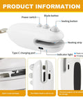 2 In 1 Heat Sealer And Cutter For Snack Bags, Portable Bag Sealer Resealer Machine in white showing power switch and charging port