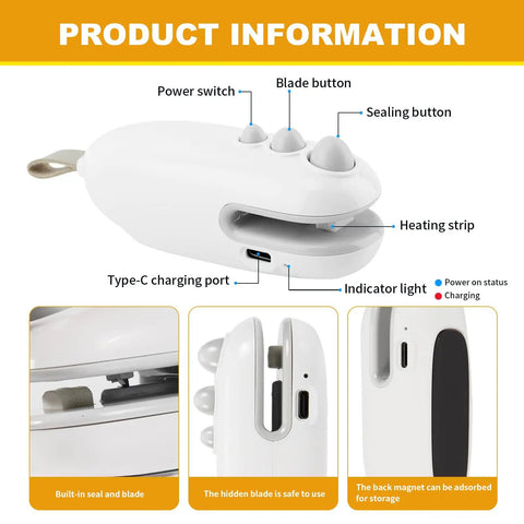 2 In 1 Heat Sealer And Cutter For Snack Bags, Portable Bag Sealer Resealer Machine in white showing power switch and charging port