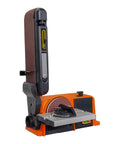 Built Like A Tank Industrial Belt Sander With Heavy Cast Iron Base And No Sweat Pipe Grinder Polisher For Wood Stainless Steel Aluminum Round Or Bent Shapes Smooth Finish Tool, side view showing the sanding belt and base.
