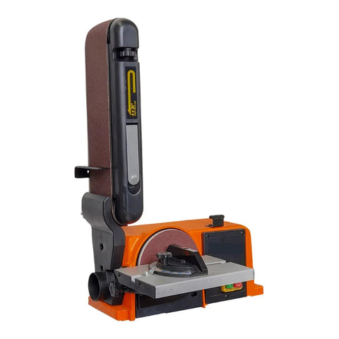 Built Like A Tank Industrial Belt Sander With Heavy Cast Iron Base And No Sweat Pipe Grinder Polisher For Wood Stainless Steel Aluminum Round Or Bent Shapes Smooth Finish Tool, side view showing the sanding belt and base.