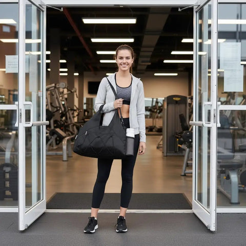 Woman with Women Gym Bag With Yoga Mat Holder And Shoe Compartment, Wet And Dry Storage Pocket, in the gym entrance