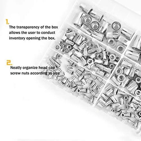 Premium 205Pcs Stainless Steel Rivet Nut Kit For Auto Repair M3-M10 Flat Head Threaded Insert Assortment Tool Set Perfect For Heavy Duty Jobs in clear organizer box