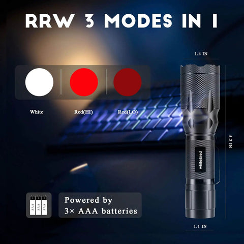 Upgraded Red Flashlight With White Light And Red Light Modes Memory Zoom Lens Weatherproof Portable Torch with AAA batteries.
