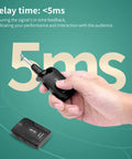 Wireless In Ear Monitor System 2.4GHz With Transmitter And Clip On Receiver For Studio Sessions Guitarists DJs And Live Gigs Low Latency Under 5ms 48kHz 16bit Audio Auto Pairing IEM Kit product image showing handheld transmitter with <5ms delay time.