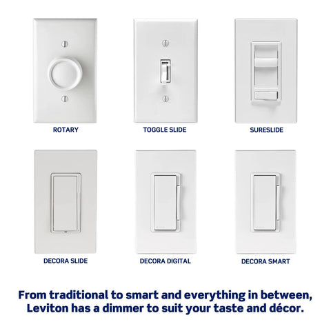Collection of Leviton dimmer switches including SureSlide LED Dimmer Switch for 150W Dimmable LED Halogen and Incandescent Bulbs