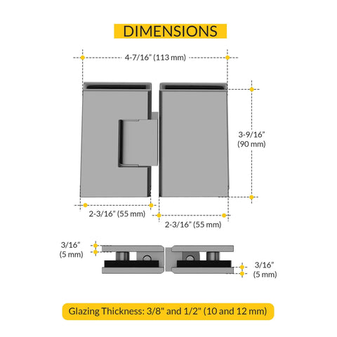 Dimensions of Adjustable Designer Glass To Glass Door Hinge 180 Degree Satin Finish For Frameless Shower Doors Self Centering
