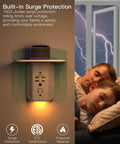 Wall Outlet Extender With Shelf And Night Light Surge Protector And Wall Mount Power Strip Featuring 5 AC Outlets in bedroom