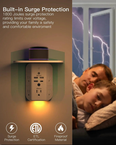 Wall Outlet Extender With Shelf And Night Light Surge Protector And Wall Mount Power Strip Featuring 5 AC Outlets in bedroom