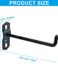 Heavy Duty Four Inch Pegboard Hooks For Three Eighths Inch Square Holes One And A Half Inch Spacing Steel Garage Wall Organizer Gear Storage Set Black Four Pack Holds Hammers Cords And Power Tools, showing product dimensions in inches and cm.