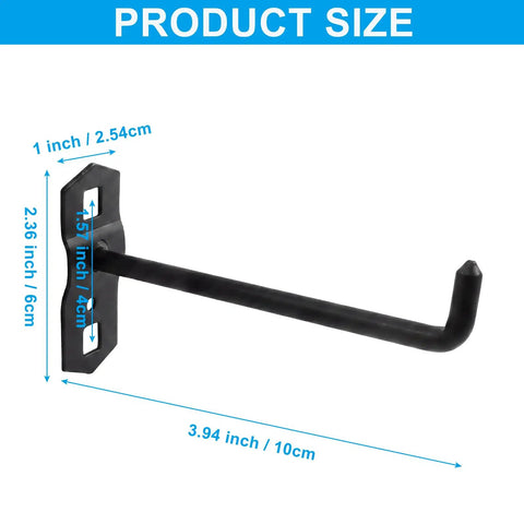 Heavy Duty Four Inch Pegboard Hooks For Three Eighths Inch Square Holes One And A Half Inch Spacing Steel Garage Wall Organizer Gear Storage Set Black Four Pack Holds Hammers Cords And Power Tools, showing product dimensions in inches and cm.