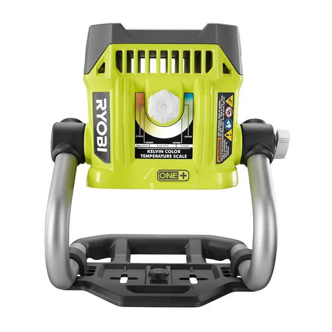 Back view of Hybrid LED Work Light With Color Range 2700K To 5000K, 18V One Plus Compatible, with temperature scale and handle.