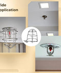 Six Pack Metal Fire Sprinkler Head Guards With Heavy Duty Mounting Clamps Bump Resistant Shields shown in various ceiling applications.