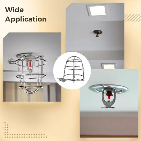 Six Pack Metal Fire Sprinkler Head Guards With Heavy Duty Mounting Clamps Bump Resistant Shields shown in various ceiling applications.