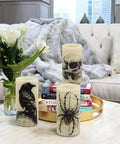 Halloween LED Flameless Candles 3 Pack With 6 Hour Timer Battery Operated 3 Inch Diameter By 6 Inch Height Spooky Decals