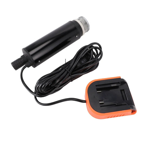 Built Like A Tank Heavy Duty Cordless Submersible Pump with black casing and orange charger for efficient water draining.