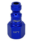 Close-up of blue anodized steel T-style air coupler from Five Piece T Style Air Coupler And Plug Kit In Blue One Quarter Inch NPT Pro Grade Durable Anodized Steel Color Coded Quick Fit For High And Low Pressure Lines Built For Daily Shop Use With Color Coded Lines For Easy Identification.