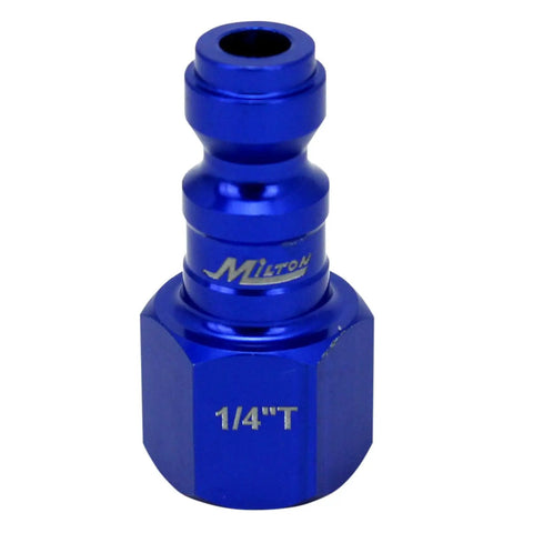 Close-up of blue anodized steel T-style air coupler from Five Piece T Style Air Coupler And Plug Kit In Blue One Quarter Inch NPT Pro Grade Durable Anodized Steel Color Coded Quick Fit For High And Low Pressure Lines Built For Daily Shop Use With Color Coded Lines For Easy Identification.