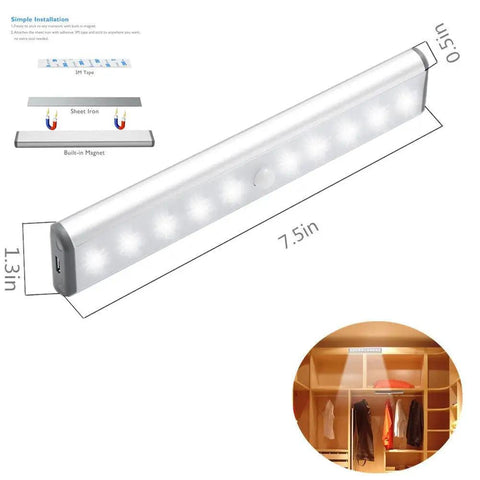 Stick On Portable Wireless LED Night Light With 10 LEDs, Magnetic Tap Light, Motion Sensor Or Always On, Rechargeable Battery shown