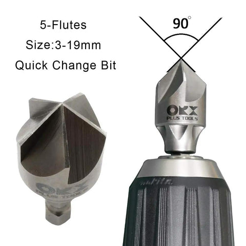 Close-up of Go To Deburring Chamfer Tool Set Two Piece External Drill Bits with size 3-19mm and 5-flutes design for 90° angles.