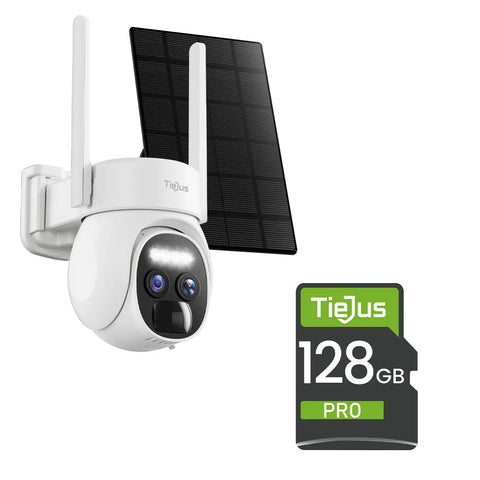 Outdoor Battery Powered Security Cam With 3MP HD Night Vision 2 Way Audio PIR Motion Detection Spotlight And Siren 2.4GHz WiFi IP66 Weatherproof Cloud Or SD Storage showing solar panel and 128GB SD card.