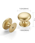 Two Pack Brushed Gold Cabinet Knobs 1-1/2 Inch Zinc Alloy with installation screws, showing dimensions on white background